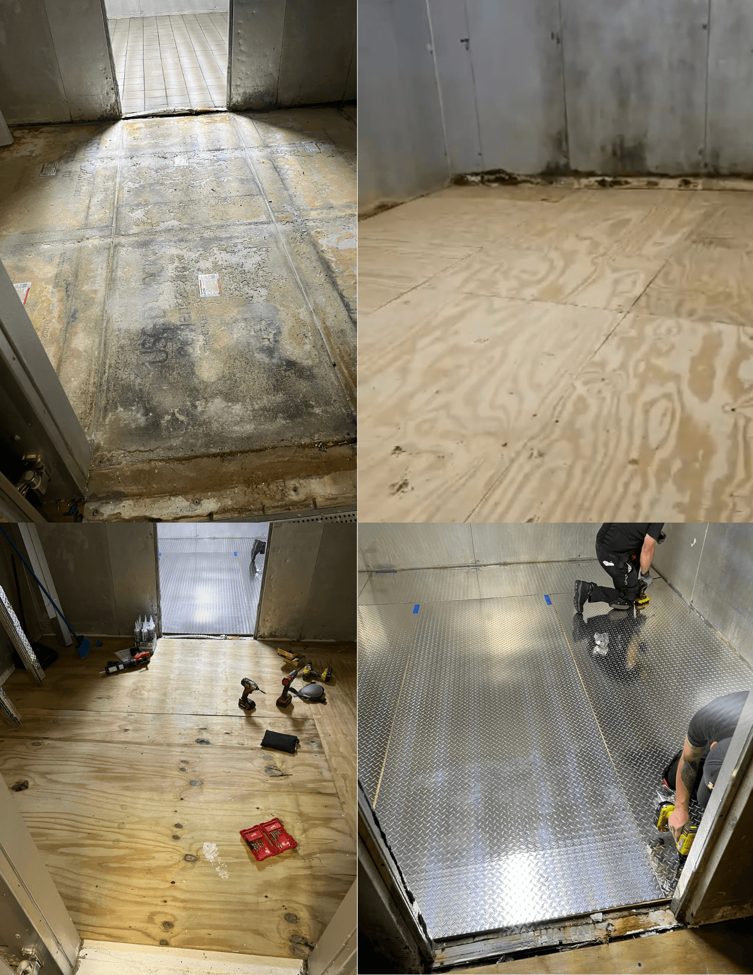 Diamond plate flooring and hardware installation in progress